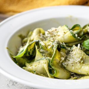 Low-Carb Zucchini Ribbons with Avocado Walnut Pesto