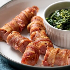 Keto Cheese Stuffed Bacon Wrapped Hot Dogs [Only 5 Ingredients]