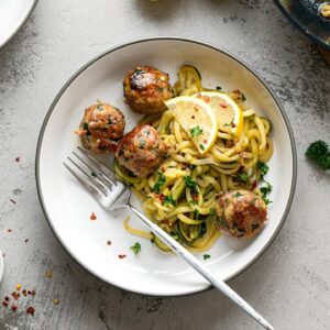 Keto Garlic Butter Meatballs with Lemon Zoodles