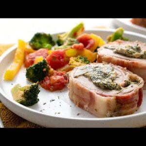 Low-Carb Bacon Wrapped Stuffed Pork Tenderloin [with Mixed Veggies]