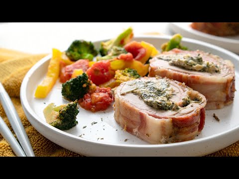 Low-Carb Bacon Wrapped Stuffed Pork Tenderloin [with Mixed Veggies]